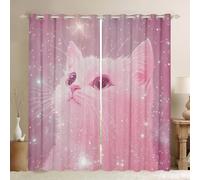 feelingyou Cortina de ventana de gato blanco,Estrellas Brillantes Cortinas Rosadas para Niñas Niños,Lindo Gato Kawaii Animal Hermoso Tratamiento de Ventanas Cortinas para Oficina y Hogar, Tamaño XXL