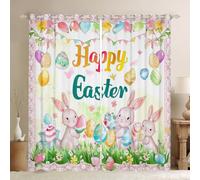 feelingyou Cortina de ventana de Pascua de acuarela, huevos de vacaciones de conejo lindos cortinas de ventana hermosas para niñas niños, hierba de flores de encaje rosa a cuadros cortinas de