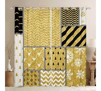 feelingyou Cortina dorada para ventana de Navidad, árboles, copos de nieve, ciervos, cortinas de ventana para niños y niños, impresión de vacaciones de poliéster ligero para dormitorio, dormitorio y