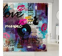 feelingyou Cortinas de ducha con temática musical, diseño retro de labios rosados, silueta de guitarra, hippie, graffiti, arte, decoración de baño con 12 ganchos para bañera, 72 pulgadas de largo
