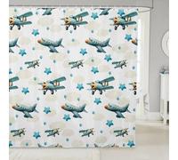 feelingyou Cortinas de ducha impermeables con diseño de aviones de dibujos animados para niños, cortina de ducha con estampado de estrellas y nubes Kawaii, bonitos accesorios de baño modernos de avión