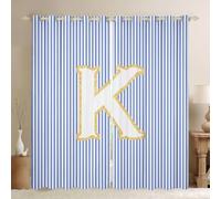 feelingyou Cortinas de ventana a rayas blancas azules para dormitorio, tamaño S letra inicial K sombra decoración del hogar bonito monograma alfabeto cortinas de ventana 2 paneles para niños