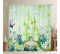 feelingyou Cortinas de ventana de castillo verde, XXL tamaño flores verdes hojas blancas nubes mariposas sombra decoración del hogar princesa niña impresión cortinas de ventana para niños
