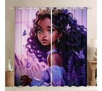 feelingyou Cortinas de ventana de chica de moda negra lila lavanda soñadora mariposa cortinas para niños hermosa dama femenina para sala de estar 2 paneles tamaño S