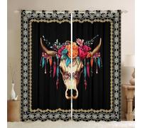 feelingyou Cortinas de ventana de cráneo de toro rústico, vaca occidental de vaca animal de vaca tratamientos de ventana de cocina, coloridas flores boho azteca tribal ventana cortinas para decoración