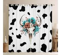 feelingyou Cortinas de ventana de cráneo, M tamaño M estampado de vaca negro blanco sombra decoración del hogar boho tribal cráneo flores azulado blanco cortinas de ventana 2 paneles para niños