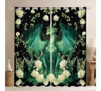 feelingyou Cortinas de ventana de dragón, M Tamaño M Occidental Salvaje Verde Sombra Decoración del Hogar Flores de Loto Hojas Cortinas de Ventana 2 Paneles para Niños