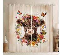 feelingyou Cortinas de ventana de ganado Highland, tamaño M Colorido y hermoso tono de flores Decoración del hogar Hoja verde Margarita Occidental Vintage Animal Ventana Cortinas 2 Paneles para Niños