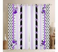 feelingyou Cortinas de ventana de lazo bonito, tamaño M soñador acuarela rayas flores sombra decoración del hogar púrpura negro lunares planta bowknot patrón cortinas de ventana 2 paneles para niños