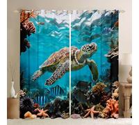 feelingyou Cortinas de ventana de tortuga 3D para dormitorio, tamaño S bonito pescado estrella de mar perla sombra coral decoración del hogar rústico Sea Animals cortinas de ventana 2 paneles para
