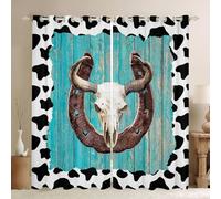 feelingyou Cortinas de ventana de vaquero occidental, patrón de herradura de toro cráneo de herradura, tratamientos de ventana de cocina, tabla rústica de granja, leche de vaca impresión cortinas para