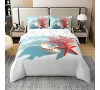 feelingyou Costa del mar 100% algodón natural edredón tamaño L rojo coral estrella de mar concha niña juego de cama verano azul océano edredón cubierta, 3 piezas