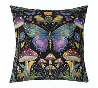 feelingyou Cubierta de cojín de mariposa 50 x 50 cm, planta de flores de seta de acuarela para oficina, salón, acuarela, pintura bohemia, color negro para sofá, impresión reversible