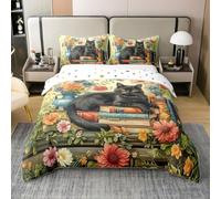 feelingyou Cute Cat 100% Algodón Edredón Cubierta Colorida Vintage Margarita para Niños Dibujos Animados Libros Acuarela Kitty Quilt Cubierta, 1 Funda de Almohada (sin manta) Tamaño M 2 Piezas