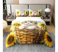 feelingyou Cute Cat Acuarela Girasoles Rústico 100% Algodón Edredón Cubierta para Niños Acuarela Lovely Kitty Animal Quilt Cute Cover1 Funda de Almohada (Sin Manta) Tamaño M 2 Piezas