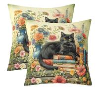 feelingyou Cute Cat Almohada Cubiertas Coloridas Vintage Margarita Decoración Fundas para Niños Dibujos Animados Libros Acuarela Kitty para Salón Sofá 50 x 50 cm Juego de 2
