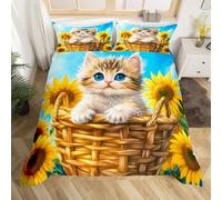 feelingyou Cute Cat Edredón Cubierta, Acuarela Girasoles Estilo Rústico Juego de Ropa de Cama para Niños, Acuarela Lovely Kitty Animal Mantas Cubierta con 1 Funda de Almohada (sin mantas) Tamaño S 2