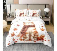 feelingyou Cute Cat L Tamaño 3 Piezas 100% Algodón Qutumn Hojas de Arce Plantas Cubierta de Edredón para Niños Hermosa Dibujos Animados Kitty Manta Rústica Cubierta, 2 Fundas de Almohada Sin Manta