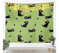 feelingyou Cute Cats Tapestries Decoración para el Hogar Dibujos Animados Negro Kawaii Animal Wall Hanging para la Oficina de la Puerta, Hermosa Impresión de Pata Verde Tapiz de Poliéster Suave Verde