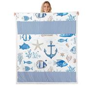 feelingyou Cute Sealife Kids Fleece Manta,Dibujos animados Pez Coral Print Manta para Adultos,Ancla Náutica Azul Rayas Blancas Poliéster Ligera Manta Sherpa Sofá Sherpa, Tamaño Queen