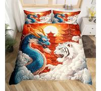 feelingyou Dragon Tiger - Edredón infantil de tamaño L, diseño antiguo de estilo chino, manta de poliéster suave, diseño de animales de cuento de hadas, juego de ropa de cama naranja (2 fundas de