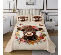 feelingyou Edredón de ganado Highland tamaño L colorido y hermoso juego de cama de flores para adultos adolescentes hoja verde margarita occidental vintage animal Coverlet