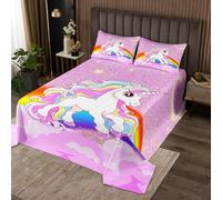feelingyou Edredón de unicornio de dibujos animados para niños y niños, Kawaii Lindo Unicornio Fantasía Caballo Coverlet Set Rainbow Galaxy Estrellas Rosa Glitter Quilt Set con 1 Cojín Sham, Tamaño S