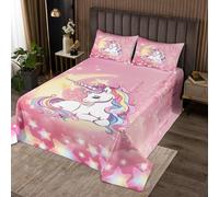 feelingyou Edredón de unicornio de ensueño tamaño L, lindo unicornio dibujos animados caballo animal edredón conjunto con 2 fundas de almohada, estrellas 3D rosa castillo galaxia cielo decoración ropa