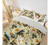 feelingyou Edredón infantil de flores amarillas blancas tamaño M hojas verdes hermoso pájaro azul cubierta para niños niñas moderno de animales y plantas juego de ropa de cama (1 contenedor de