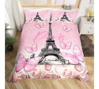 feelingyou Edredón infantil Torre Eiffel tamaño M romántico París rosa mariposa cubierta para niños niñas brillante brillo rosa flores juego de ropa de cama (1 funda de almohada)