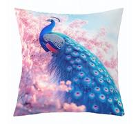 feelingyou Funda de almohada azul de pavo real, 50 x 50 cm, diseño floral de flores de cerezo rosa, para niños, niñas, flores de ensueño, hermosas plumas para sofá, estampado reversible