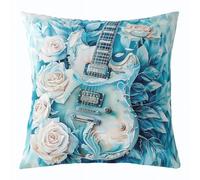 feelingyou Funda de cojín con diseño de guitarra romántica, 55 x 55 cm, con encanto, bonito rosas, pétalos de flores, funda de cojín para adultos, acuarela azul clásica, estilo occidental, funda de