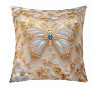 feelingyou Funda de cojín con diseño de mariposa 3D, 50 x 50 cm, maravillosas perlas de diamantes brillantes, funda de cojín con hermosas flores blancas para sofá