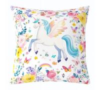 feelingyou Funda de cojín con diseño de unicornio 3D, 50 x 50 cm, hermosas flores de niñas, mariposas coloridas, arco iris, funda de cojín de dibujos animados, lindo animal