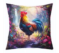 feelingyou Funda de cojín de gallo de acuarela, 50 x 50 cm, diseño de dibujos animados, pollo, granja, animal, funda para niños, niñas, niños, flores rosadas, naturales, para sofá, impresión