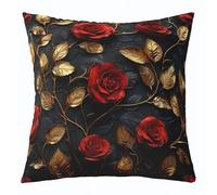feelingyou Funda de cojín de tiro de rosa roja,Cubierta de almohada botánica de hoja de oro 45 x 45 cm para niños adolescentes,Funda de cojín gótica de flores de campo para coche RV,Decoración de