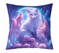 feelingyou Funda de cojín de zorro, 40 x 40 cm, color blanco, animales salvajes, azul, galaxia, funda para niños, niñas, niños, estrellas de luna, flores rosas rosadas para oficina, salón