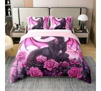 feelingyou Funda de edredón reversible de tamaño M de Western Dragón, acuarela morada, 100% algodón puro, cubierta de manta romántica, flores de rosas románticas, juego de cama con 1 funda de almohada