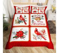 feelingyou Funda nórdica de Navidad tamaño S, Navidad Cardenales Floral Bells Checkered Consolador Juego de fundas para niños y niñas, lindo pájaro acuarela rojo dormitorio juego de funda de edredón