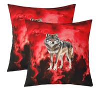 feelingyou Fundas de almohada con impresión de lobo, fundas de almohada de doble cara, gris animal salvaje retro suave cuadradas fundas de almohada 60 x 60 cm, fuego rojo llama humo negro para