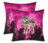 feelingyou Fundas de almohada con impresión de lobo, fundas de almohada de doble cara, gris animal salvaje retro suave cuadradas fundas de almohada 60 x 60 cm, color rosa fuego llama humo negro para