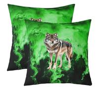 feelingyou Fundas de almohada con impresión de lobo, fundas de almohada de doble cara, gris animal, vida silvestre, retro, fundas de almohada cuadradas suaves 60 x 60 cm, verde fuego llama, humo negro