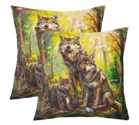feelingyou Fundas de almohada de impresión de lobo salvaje de doble cara, animales salvajes verde amarillo suaves fundas de almohada cuadradas 60 x 60 cm, acuarela naturaleza selva planta para
