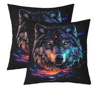 feelingyou Fundas de cojín con impresión de lobo de doble cara, 55 x 55 cm, diseño de animales salvajes, color negro y azul, fundas de cojín cuadradas suaves, galaxia de estrellas, paisaje de montaña