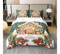 feelingyou Gingerbread Casa 100% Algodón Natural Edredón Tamaño XL Rojo Berry Acebo Hojas Juego de Ropa de Cama Feliz Navidad Verde Rojo Edredón Cubierta, 3 Piezas