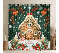 feelingyou Gingerbread Casa Cortinas de Ventana, XXL Tamaño Rojo Berry Acebo Hojas Sombras Decoración del Hogar Feliz Navidad Verde Rojo Cortinas de Ventana para Niños