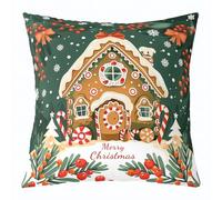 feelingyou Gingerbread Casa Funda de Cojín, 50 x 50 cm Rojo Berry Acebo Hojas Funda de Cojín Feliz Navidad Verde Rojo Funda de Cojín para Sofá