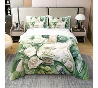 feelingyou Guitarra verde 100% algodón natural edredón tamaño M soñador maravilloso pétalos patrón niños ropa de cama rústico vintage instrumento musical cubierta cubierta 2pcs