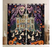 feelingyou Happy Halloween Cortina para Dormitorio, Dibujos Animados Góticos Castle Print Cortina de Ventana para Niñas Adolescentes, Ghost Pumpkin Bat, Decoración Negro Púrpura, Tratamiento de