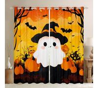 feelingyou Happy Halloween Cortina para Dormitorio, Kawaii Ghost Pumpkin Bat Print Cortina de Ventana para Niñas Adolescentes, Dibujos Animados Naranja Negro Blanco Decoración Microfibra Tratamiento